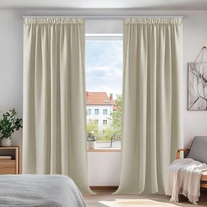 Ruality-Gordijnen Kant en Klaar Plooiband, Thermische Gordijnen met Warmtewerend Stof voor Woonkamer, Slaapkamer, 140x245 cm (B x H), Crème, 2 stuks