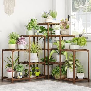 Plantenstandaard Binnen Buiten Hoek Plantenplank 5 Tier 11 Ingemaakte Bloemenplanken Houten Plantenstandaard Tuin Houten Plantenhouder Rek voor Woonkamer Hoek Gazon Raam