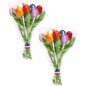 3x stuks houten tulpen decoratie boeket 20 cm - Gekleurde tulp bloemen boeket - Hollandse tulpen - Holland souvenirs