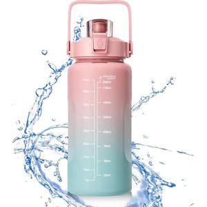 waterfles, 2 liter sportfles, geïnspireerde tijdmarkeerder, fles met rietje, BPA-vrij, waterdicht, lichtgewicht en herbruikbaar, geschikt voor sport, fitness, outdoor, wandelen (roze)