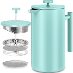 French Press Koffiezetapparaat 34 oz - 1000 ml (4 koffiemokken / 8 koffiekopjes) - Koffiezetapparaat met drievoudig roestvrijstalen filter en geïsoleerde wanden - Hemelsblauw