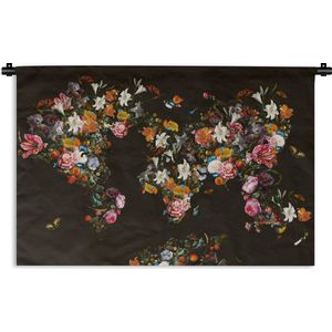 Wandkleed - Wanddoek - Wereldkaart - Bloemen - Vlinder - Zwart - 120x80 cm - Wandtapijt
