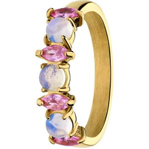 Lucardi - Dames Stalen goldplated vintage ring met opaal en roze zirkonia - Ring - Staal - Goudkleurig - 18 / 57 mm