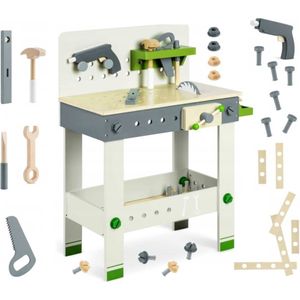 Speelgoed werkbank - 56x25x71,5cm - met speelgoed gereedschap - wit, grijs, groen