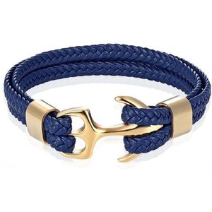 Tom Jaxon Heren armband Anker gevlochten Leer Goudkleurig Blauw - 18cm