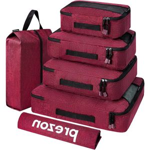 6-delige set verpakking essentiële bagage organizer tassen - kubussen, waszak, rode reizen schoen tas