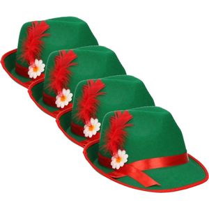 Oktoberfest Tiroler verkleed hoedje voor volwassenen - Set van 4x stuks - groen/rood - jagershoedje
