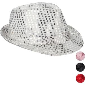 Relaxdays pailletten hoed - feesthoed glitter - partyhoed LED - fedora hoed - glitters - zilver