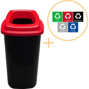 Plafor Sort Bin, Prullenbak voor afvalscheiding - 45L – Zwart/Rood - Inclusief 5-delige Stickerset - Afvalbak voor gemakkelijk Afval Scheiden en Recycling - Afvalemmer - Vuilnisbak voor Huishouden, Keuken en Kantoor - Afvalbakken - Recyclen