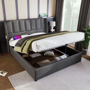 Merax Queensize Gestoffeerd Tweepersoonsbed met Koudschuim Matras - Bedframe met Opbergruimte en Zijvak - Luxe Bed met USB-C Aansluitingen - Grijs