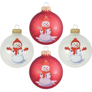 Krebs luxe gedecoreerde kerstballen - 4x st - rood/wit - 7 cm - glas - sneeuwpop