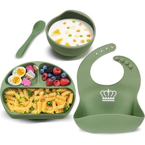 Babybord met zuignap, siliconen serviesset, kinderbord, kom, slabbetje en lepel, kinderservies, antislip, BPA-vrij en vaatwasmachinebestendig, lichtgroen