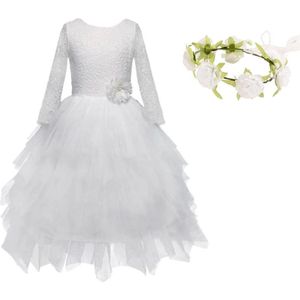 Communie jurk Bruidsmeisjes jurk bruidsjurk wit kant laagjes 104-110 (120) prinsessen jurk feestjurk + bloemenkrans