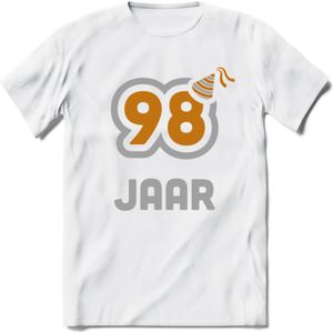 98 Jaar Feest T-Shirt | Goud - Zilver | Grappig Verjaardag Cadeau Shirt | Dames - Heren - Unisex | Tshirt Kleding Kado | - Wit - XXL