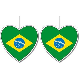 2x stuks brazilie vlag hangdecoratie hartjes vorm karton 14 cm - Brandvertragend - Feestartikelen/decoraties
