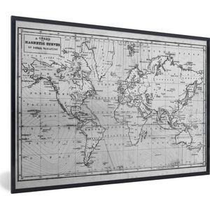 Fotolijst incl. Poster Zwart Wit- Wereldkaart met een grijze tint - zwart wit - 30x20 cm - Posterlijst