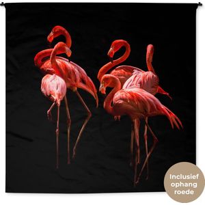 Wandkleed Dieren - Groep flamingo's op een zwarte achtergrond Wandkleed katoen 180x180 cm - Wandtapijt met foto