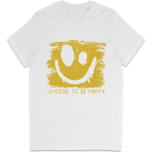 T Shirt Heren en Dames (Unisex) Be Happy Smiley Gele Grunge Print Opdruk - Wit - Maat M