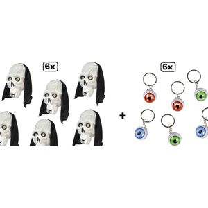 6x Masker skelet met hoofddoek met sleutelhanger oog - Halloween horror griezel doods hoofd dood skelet dood festival thema feest