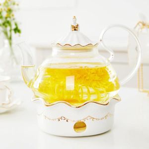 Theepotten met stoofje, luxe Brits design met reliëfdecoratie en gouden versieringen, handgemaakte transparante theepot glas, theepot met zeefinzet, ovenbestendig theeparty-cadeau (1,2 l)