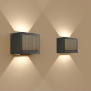 HOFTRONIC - 2x Louis Solar Wandlamp buiten - Kubus - Up & Downlight - CCT Warm wit en koud Wit - Zwart - IP65 waterdicht - Solar tuinverlichting - buitenlamp