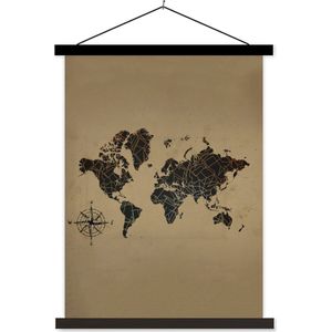 Wanddecoratie - Wereldkaart - Vintage - Kompas - Schoolplaat - 60x80 cm - Textielposter - Textiel poster