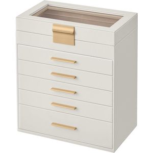 Sieradendoos met 6 niveaus en glazen deksel, 5 laden voor zonnebrillen - Modern troebel wit-goud JBC171W01