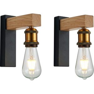 Set van 2 Wandlampen Modern Zwart Hout voor Binnen Edison e 27 Fitting Kamer Keuken Hal Slaapkamer