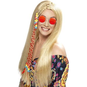Dames Flower Power Hippie Sixties verkleed set blonde pruik en ronde oranje bril