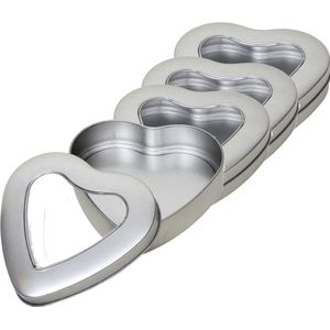Hartjes vorm opbergblik/bewaarblik met venster - 4x - 13 x 13 x 3 cm - Cadeauverpakking - voorraadblikken - zilver