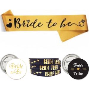Vrijgezellenfeest set Bride to Be zwart met goud en wit met sjerp, armbanden en buttons twintig delig - vrijgezellenfeest - sjerp - button - team bride - bruid - bride to be - trouwen