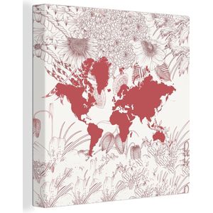 Canvas Wereldkaart - 90x90 - Wanddecoratie Wereldkaart - Bloem - Roze