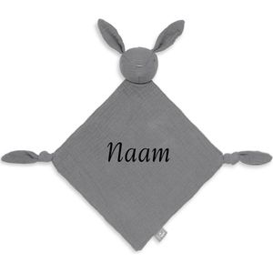 Jollein Speendoekje Bunny Ears Storm Grey met naam - knuffeldoekje konijn met geborduurde naam - gepersonaliseerd kraamcadeautje