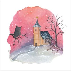 Kerstkaarten | Set van 8 | Kerkje met uil | Illu-Straver