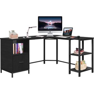 Xergonomic Industrieel hoekbureau met kastje – Stalen frame met houten hoekbureaublad – Stevige laptoptafel – 150x137x75 cm - Zwart