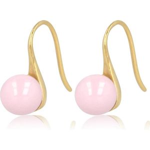 My Bendel gouden oorhangers met roze bol - Goudkleurige oorbellen met roze keramieken bol - Met luxe cadeauverpakking