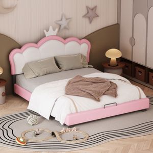 Kinderbed gestoffeerd bed 140*200cm met lattenbodem en rugleuning, meisjesbed met kroonlijst, roze (matras niet inbegrepen)