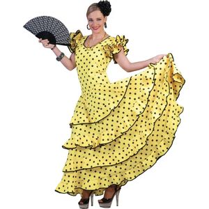 Funny Fashion - Spaans & Mexicaans Kostuum - Ole Ole Lange Gele Flamencojurk Vrouw - Geel - Maat 32-34 - Carnavalskleding - Verkleedkleding