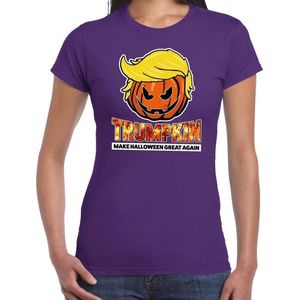 Halloween Trumpkin make Halloween great again verkleed t-shirt paars voor dames - horror pompoen shirt / kleding / kostuum XS