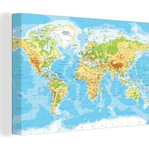Canvas schilderij - Wereldkaart 150x100 - Kamer decoratie accessoires - Schilderijen wereld kaart woonkamer - World map wanddecoratie slaapkamer - Muurdecoratie keuken - Wanddoek interieur binnen - Woondecoratie huis - Woonaccessoires