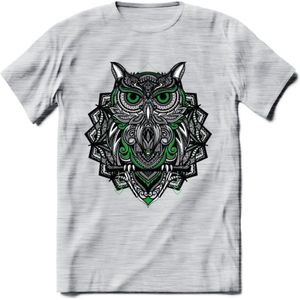 Uil - Dieren Mandala T-Shirt | Groen | Grappig Verjaardag Zentangle Dierenkop Cadeau Shirt | Dames - Heren - Unisex | Wildlife Tshirt Kleding Kado | - Licht Grijs - Gemaleerd - 3XL