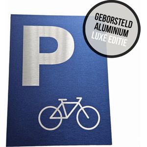 Pictogram/ bord geborsteld aluminium | Parking voor fietsen | 19 x 25 cm | Luxe editie | Parkeerplaats tweewielers | Bedrijfsparking | Parkeren | Fietsenstalling | Bakfietsen | Bakfiets | Velo | Blauw | Roestvrij | 1 stuk
