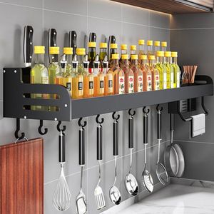 Joybos Keuken Organizer - Multifunctioneel - Wandrek - Aluminium Rek met Hangertjes - Badkamer Organizer - Industrieel Design - Zwart - 60cm