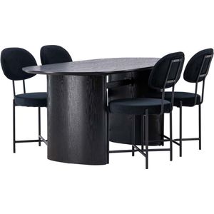 Isolde eethoek tafel zwart en 4 Stella stoelen zwart.