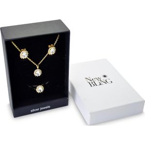 New Bling Gift Set 9NB SET011 56 Sieraden Geschenkset Zilveren Oorbellen 6x8 mm Collier 40+5 cm Ring maat 56 - Solitair Zirkonia steen - Goudkleurig