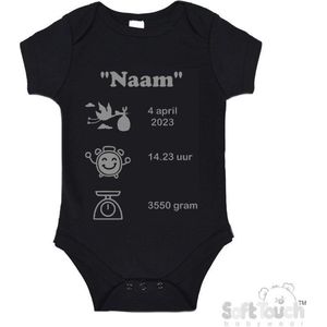 100% katoenen Romper met naam & geboortegegevens Unisex/Meisje/Jongen Katoen Zwart/grijs Maat 62/68