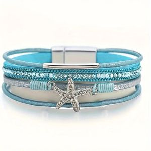 Multi-layer Starfish Wikkelarmband PU Leer Ingelegd Glanzende Strass