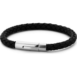 Frank 1967 7FB 0220 Stalen Heren Armband met Leer - Gevlochten - Lengte 21 cm - Zwart