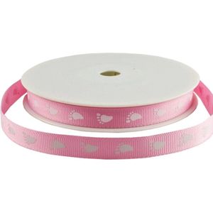 Geboorte Baby Lint 10mm (1cm) | Grosgrain Ripsband | Geboorte Meisje |  Baby Voetjes Roze Wit |  Rol: 20 Meter