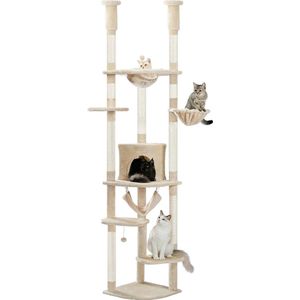 Luxe Kattentoren - Verstelbare 8-Lagen Klimboom - Hangmat & Appartement - Hoogte verstelbaar - 236 tot 258cm - Ook voor Kitten - Krabpaal voor grote katten - Crème